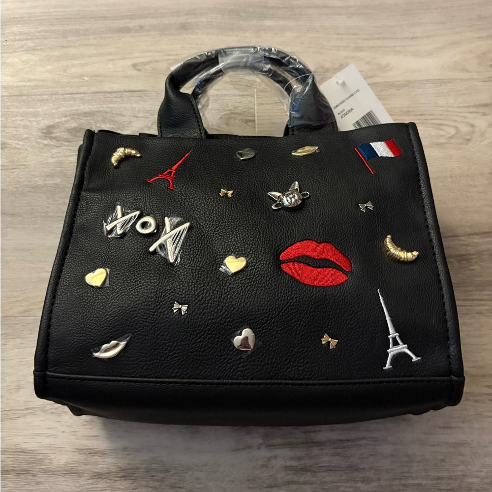 Black Xonora Embossed Charm Tote Betsey Johnson Paris France NWT